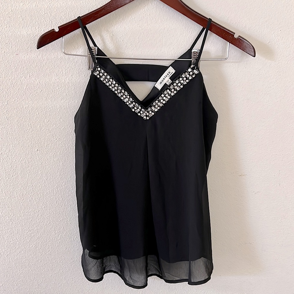 Monteau Bejeweled Black Tank Top Sheer Party Going Out Size Small